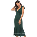 Women Green Dress V Neck Elegant Evening Party Slim Ruffles Sexy Dinner Backless Classy Ladies Slim Tunics Elegant Spring Robes